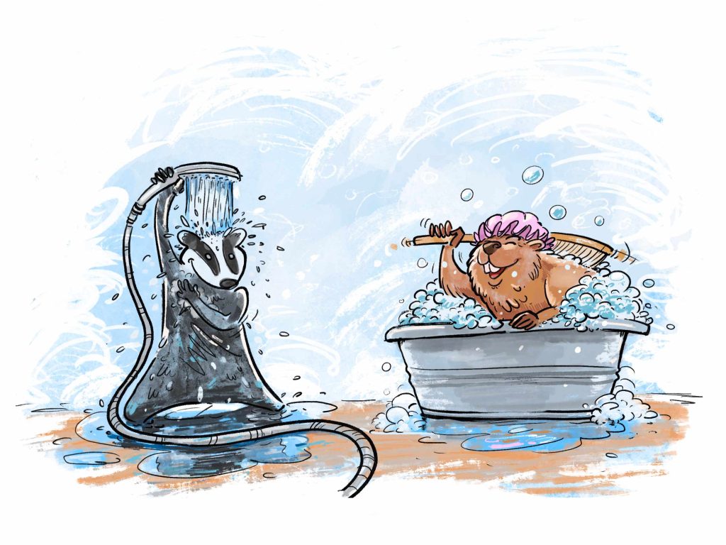 Cartoonartige Zeichnung eines Dachses der duscht und eines Bibers der sich in einem Wäschezuber badet